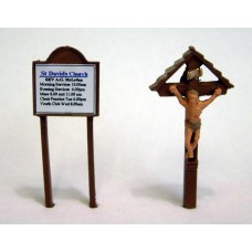 F41p Painted Church Notice Board & Crucifix OO Scale 1:76