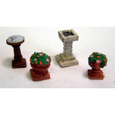 F98p Painted Sundial, bird bath and flower pots/urns OO Scale 1:76