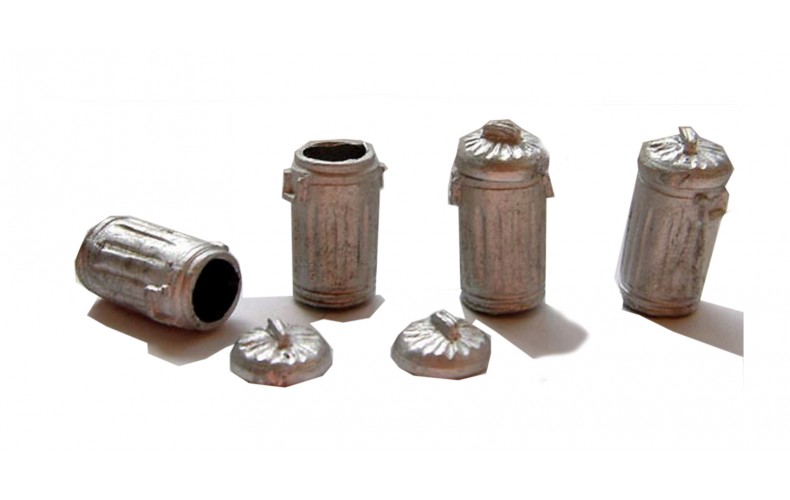 L32 4 Metal (corrugated) Dustbins and lids Unpainted Kit O Scale 1:43