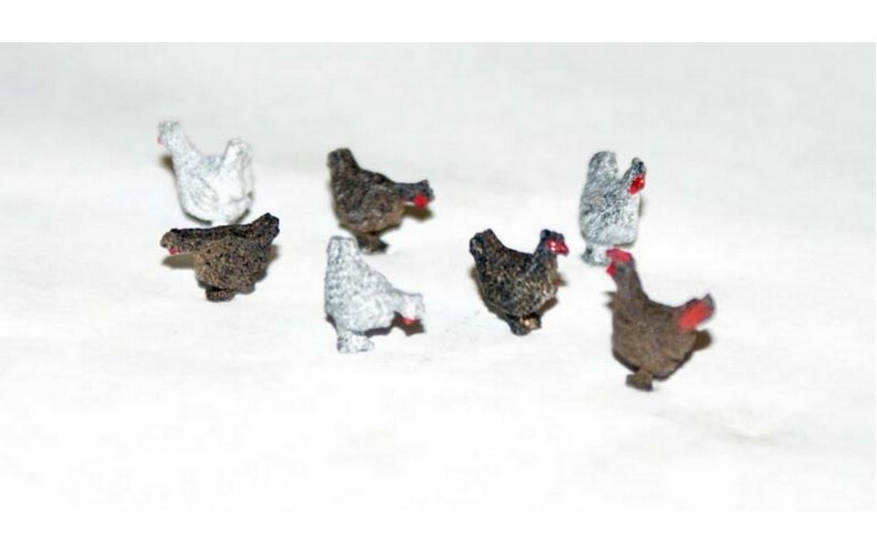 L48p Painted Chickens and Cockeral x 6off (O scale 1/43rd)