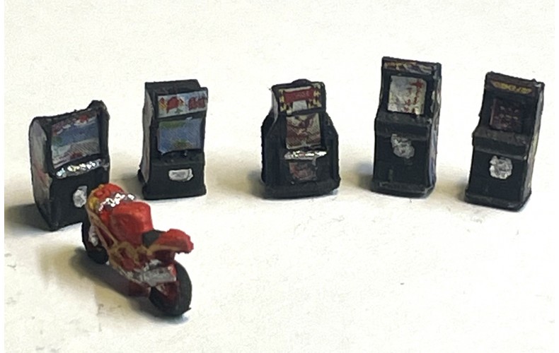 NQ20b 5 x Arcade Machines (one with Bike) Incl Decals ( N Scale 1/148th) Unpainted Kit. NQ20b 5 x Arcade Machines (one with Bike) Incl Decals ( N Scale 1/148th) Unpainted Kit.